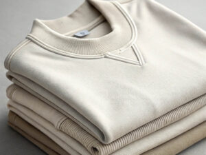 Neatly stacked beige sweatshirts with ribbed collars and V-stitch detail on a smooth surface.