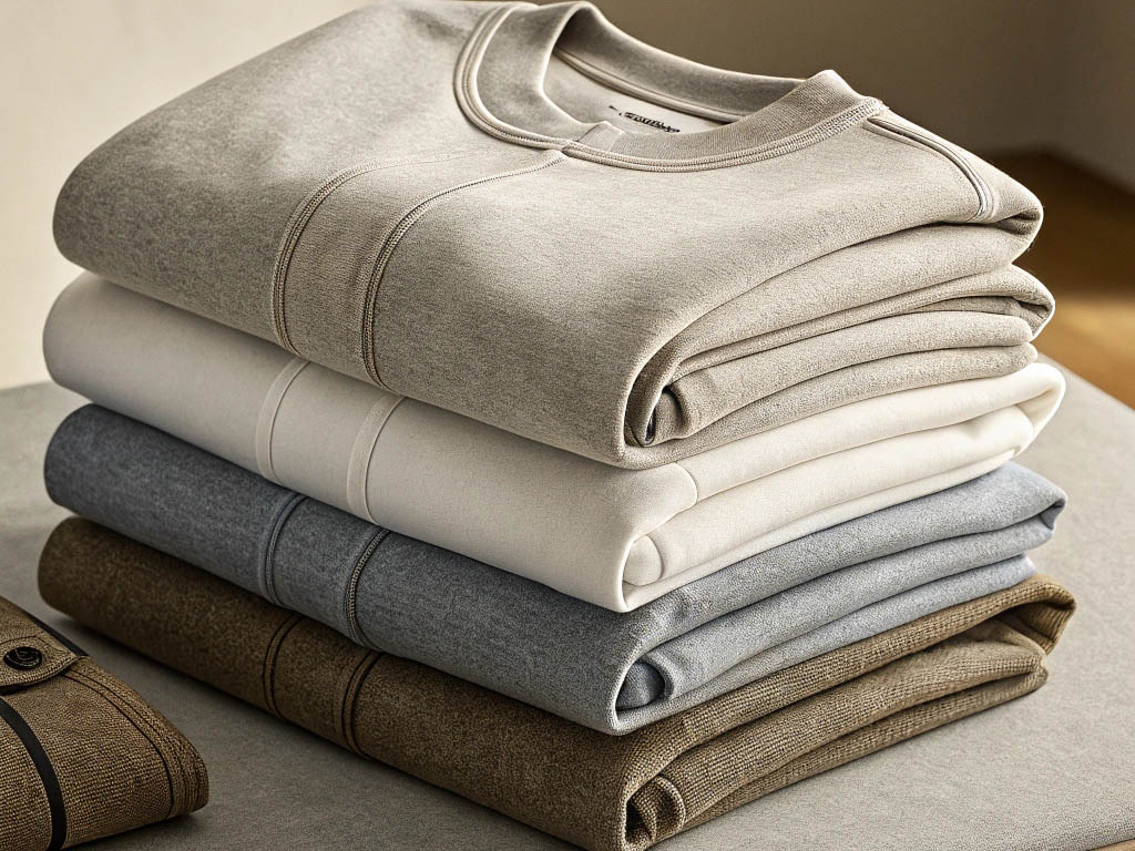 Neatly stacked sweatshirts in neutral tones, including beige, gray, and brown, placed on a table.