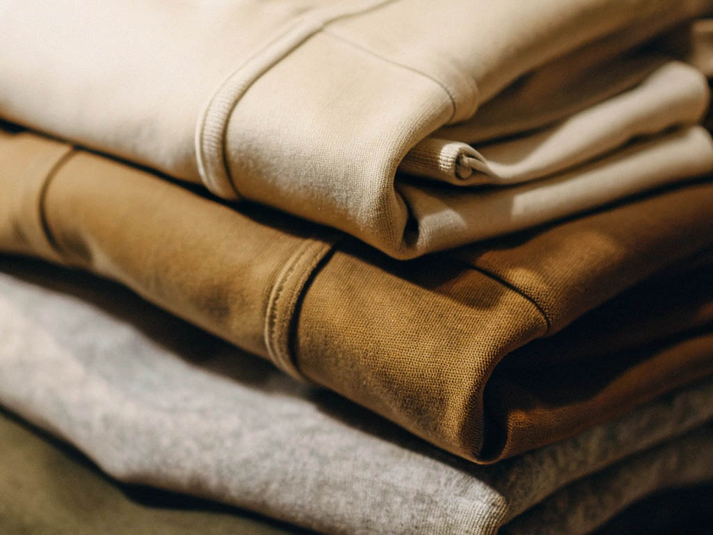 Close-up of stacked sweatshirts in beige, brown, and gray shades, neatly folded on a surface.