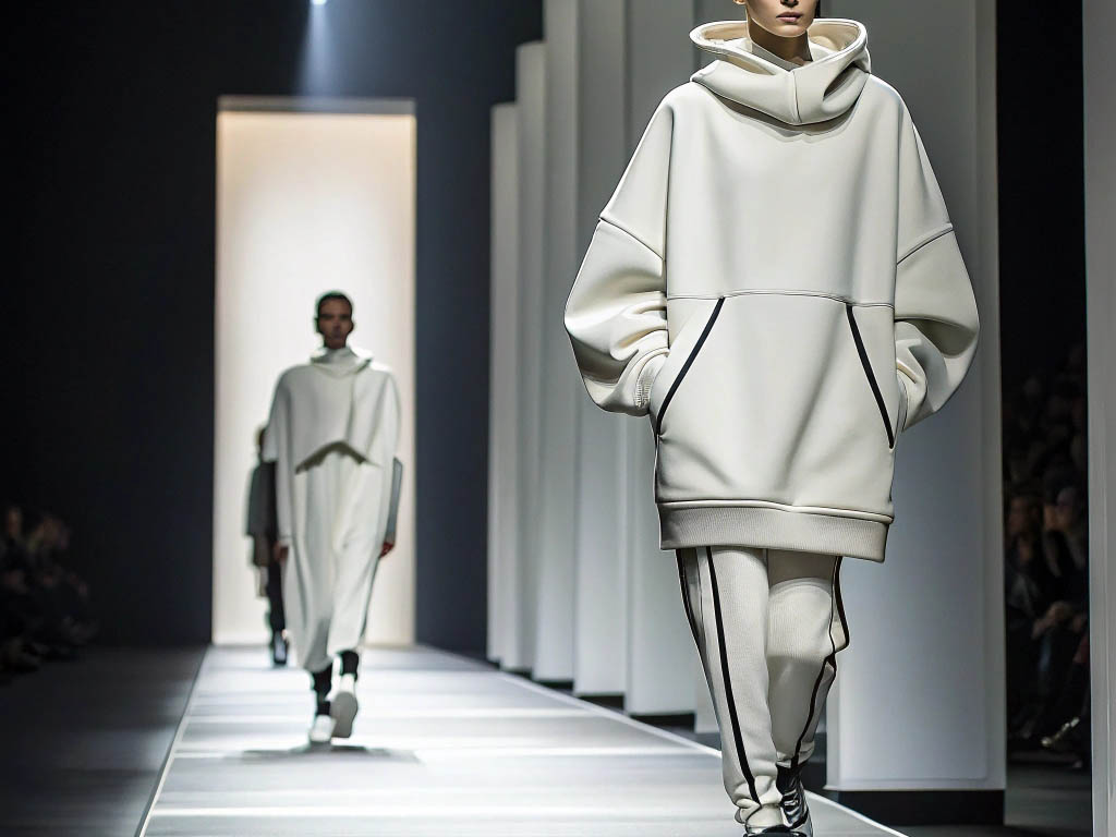 Models walking down the runway wearing oversized, minimalist white hoodies and joggers with black accents.