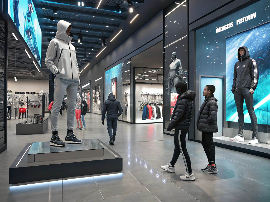 Shoppers exploring a modern sports apparel store with mannequins and digital displays.