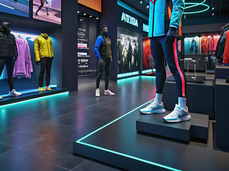 Modern athletic apparel store with mannequins and neon lighting.