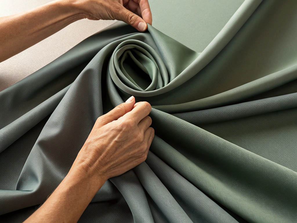 Hands arranging soft green fabric with a smooth, twill weave texture.