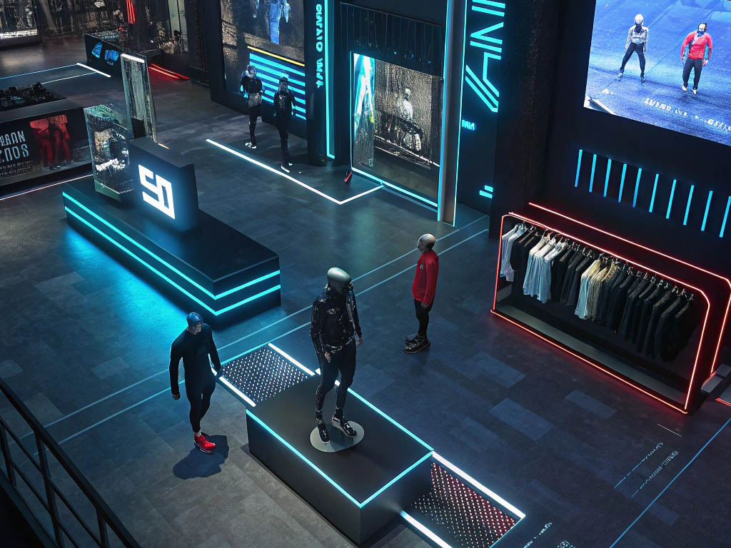 Futuristic clothing store with neon lighting, digital screens, and mannequins.
