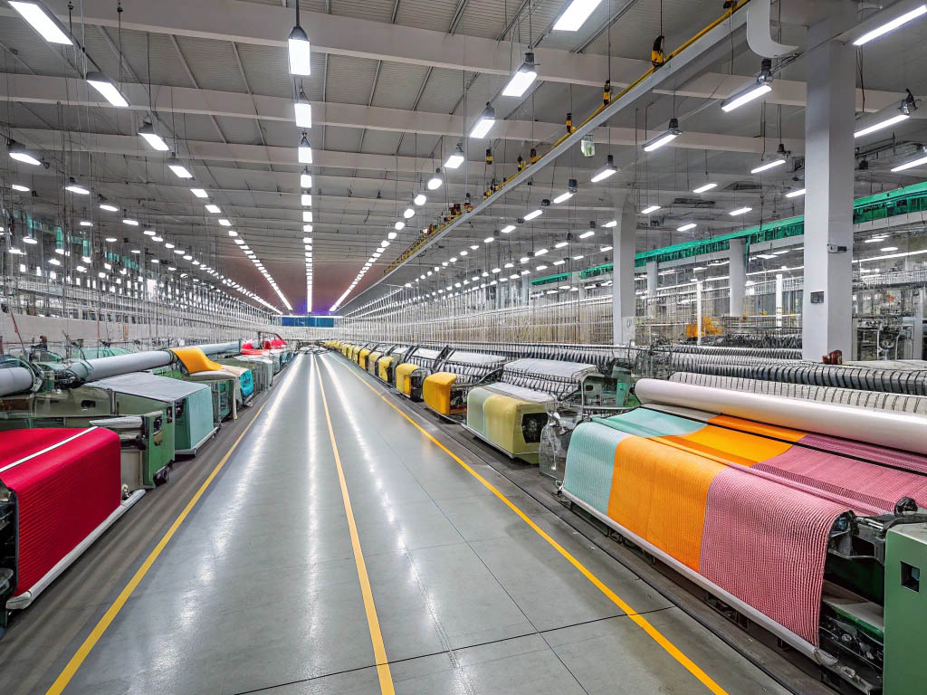 Large textile manufacturing facility with automated weaving machines producing colorful fabric under bright lighting.