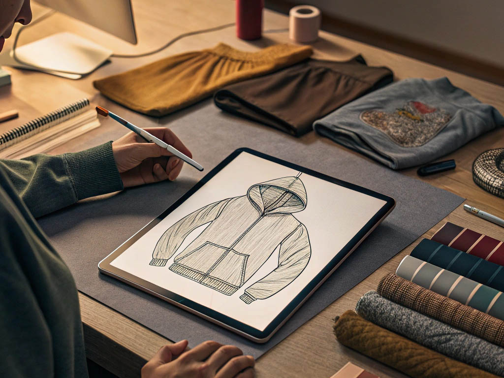 Fashion designer sketching a hoodie on a tablet, surrounded by fabric samples and clothing.