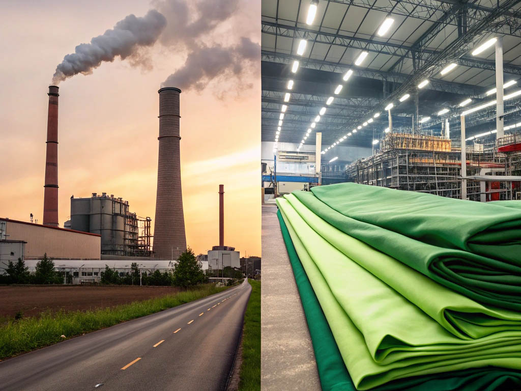 Side-by-side comparison of a polluting factory with smokestacks and a modern textile production facility with green fabric.