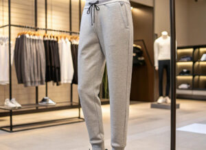 Mannequin wearing slim-fit light gray sweatpants with drawstrings and pockets in a stylish clothing store.