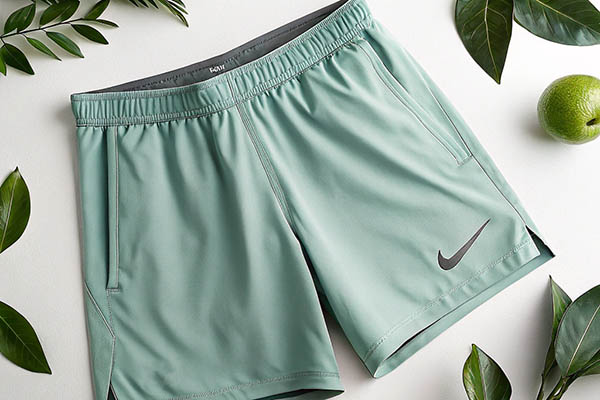 Mint green Nike athletic shorts with zip pockets, surrounded by leaves.