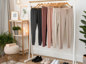 Various lounge pants hanging on wooden hangers in cozy, minimalist room with plants and soft lighting.