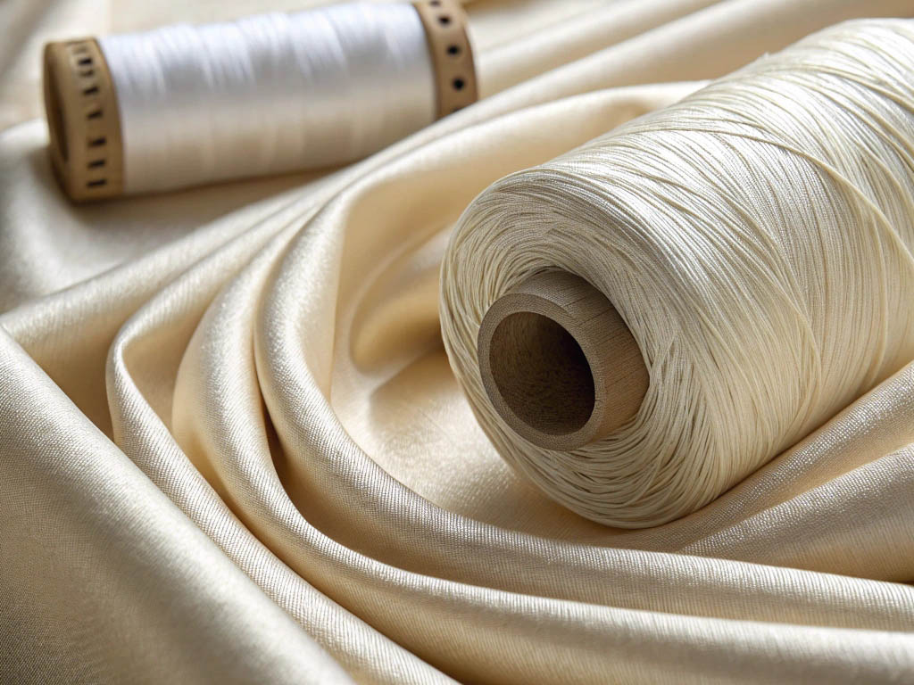 Close-up of cream-colored silk fabric with spools of fine silk thread, showcasing its smooth texture.