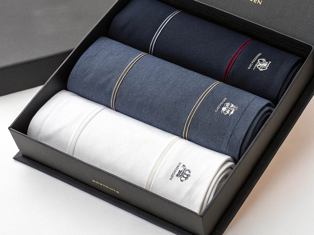 Elegant gift box with three neatly folded designer boxer briefs.