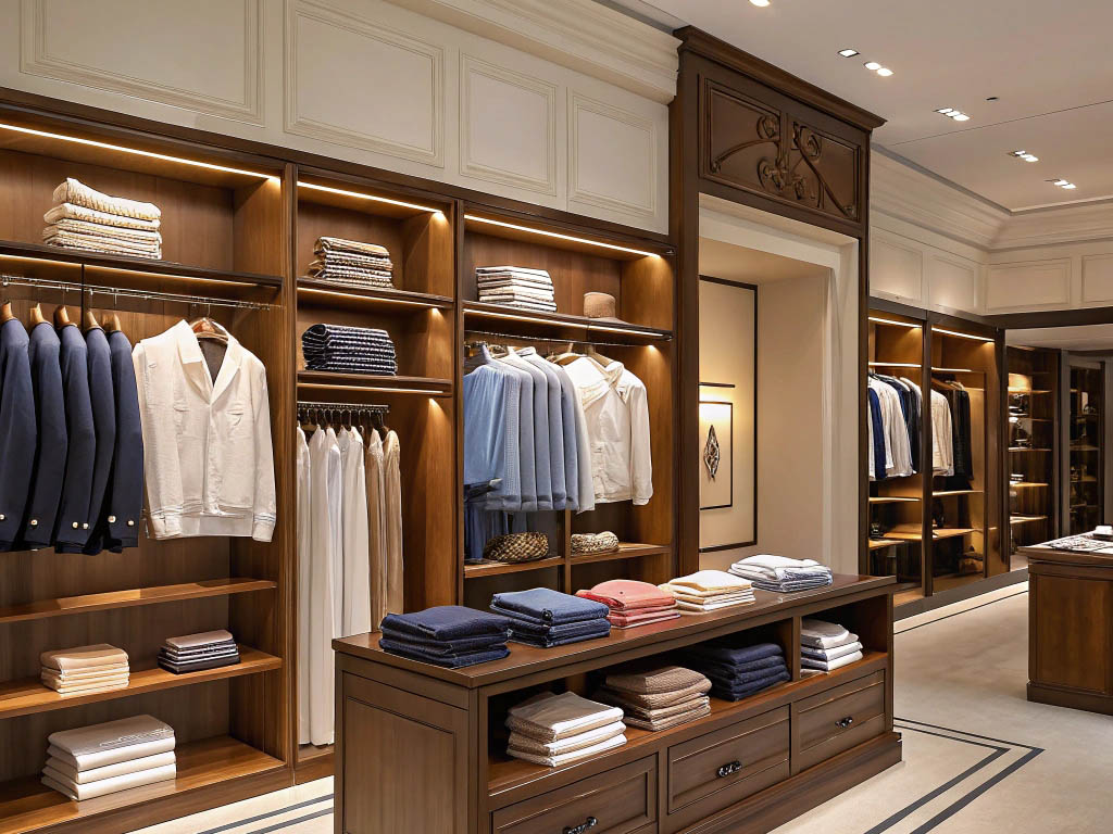 Elegant boutique interior with neatly displayed jackets, shirts, and folded garments on wooden shelves.