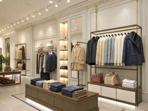 Elegant fashion store with neatly displayed coats, sweaters, handbags, and folded garments in a stylish interior.
