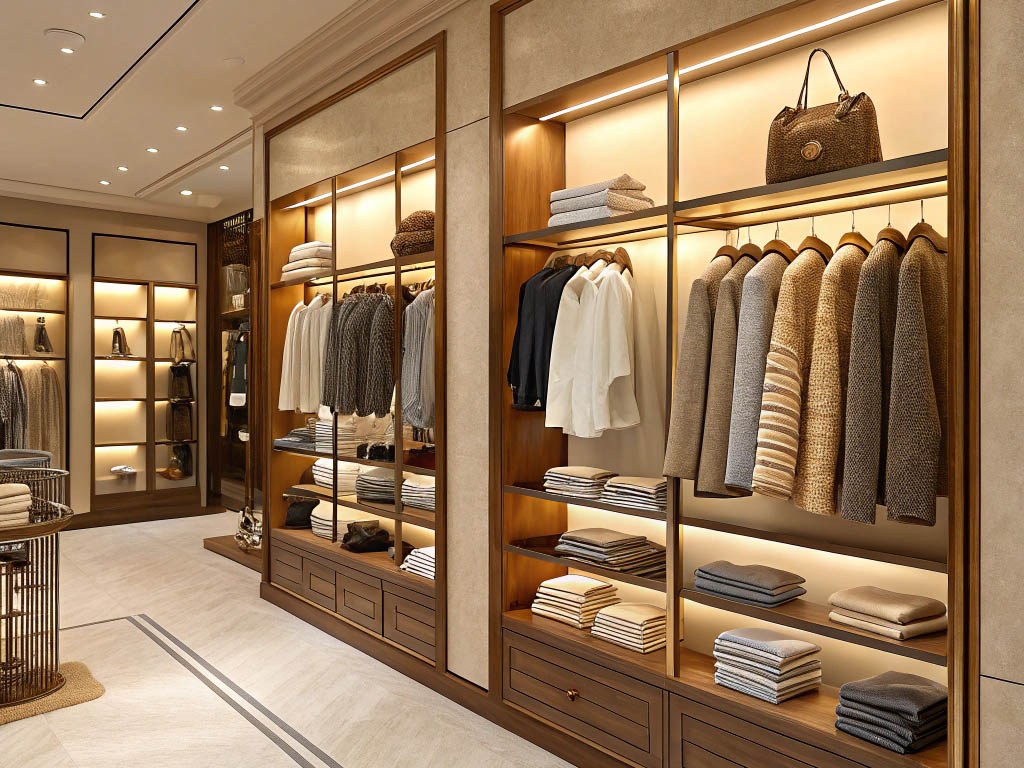 Elegant boutique interior with warm lighting, showcasing neatly arranged sweaters, shirts, and accessories on wooden shelves.