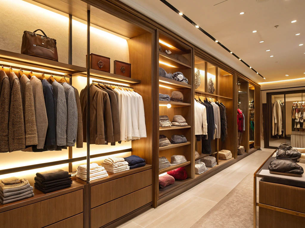 Elegant boutique with neatly arranged jackets, sweaters, and accessories on wooden shelves with warm lighting.