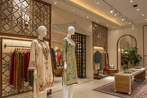 Elegant boutique with mannequins in embroidered dresses, ornate gold decor, and traditional clothing displays.
