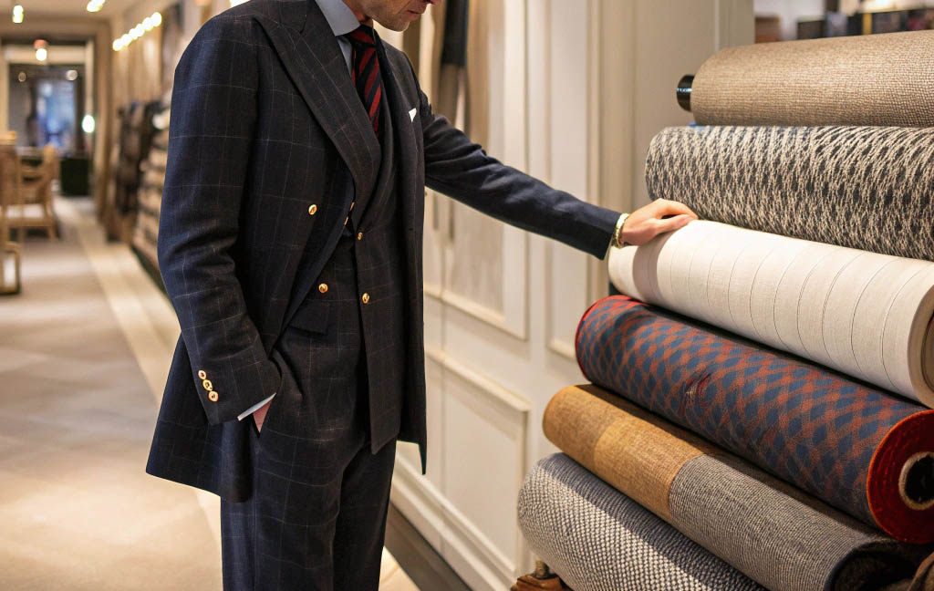 Well-dressed man in a tailored suit examining high-end fabric rolls in an upscale textile store.