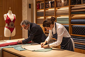 Designers working with fabric in a high-end tailoring studio with textile shelves.