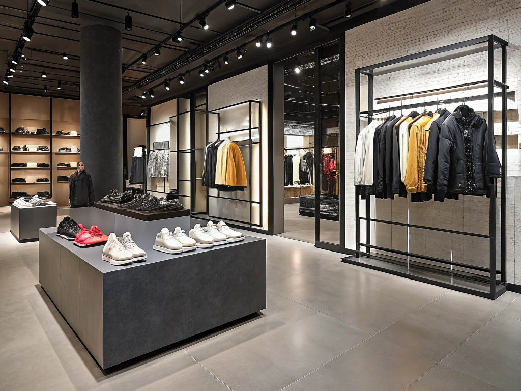 High-end clothing store with modern design, featuring stylish jackets, sneakers, and accessories on display.