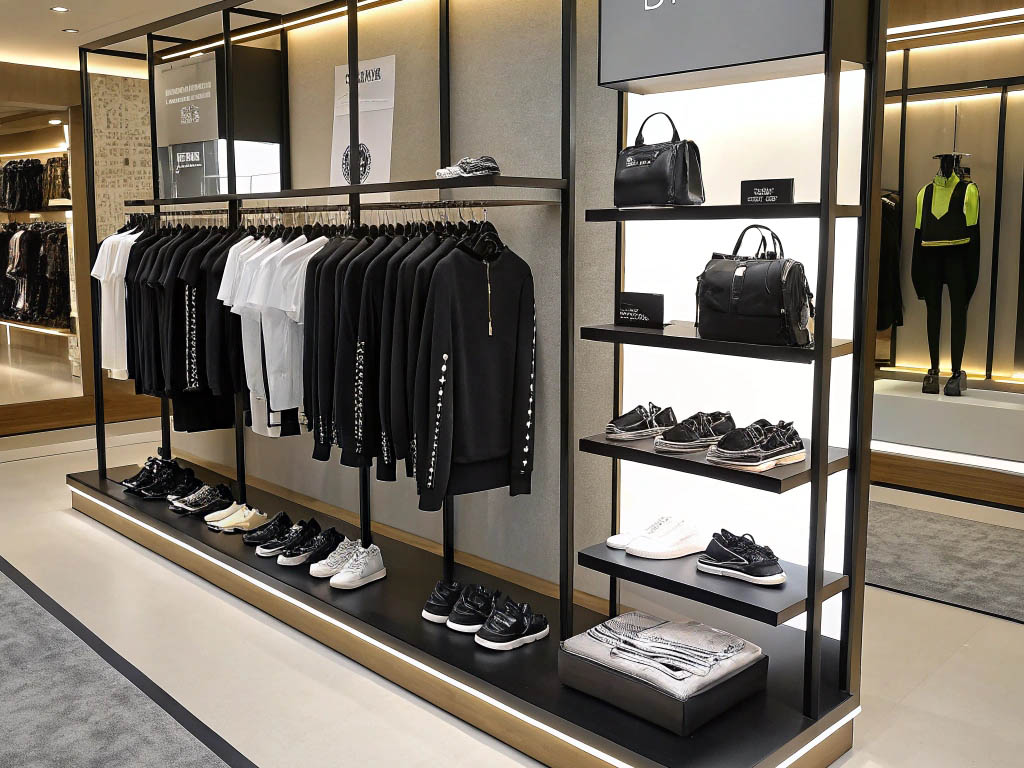 Modern boutique showcasing black and white athletic apparel, sneakers, and designer bags on sleek shelves.