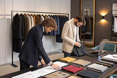 Two men in a fashion studio examining fabrics and tailored suits on display.