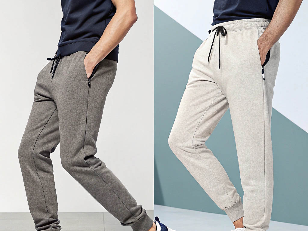 Two models wearing slim-fit jogger pants in dark gray and beige with drawstrings.