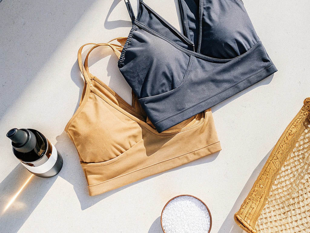 Black and tan minimalist bras on a light surface with skincare and decor.