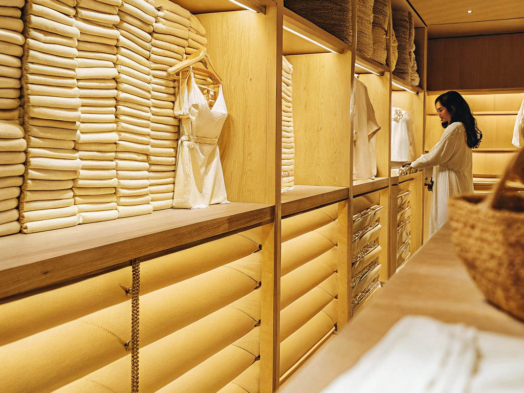 Woman browsing neatly stacked beige garments in a warm, wooden-themed boutique.