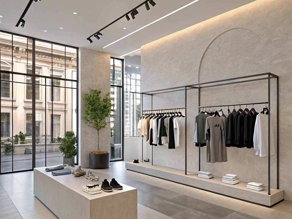 Modern boutique with neutral tones, sleek clothing racks, natural light, and minimalist fashion displays.