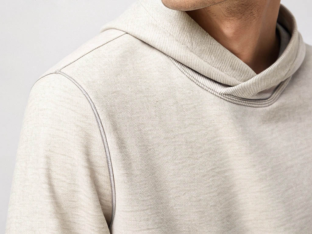 A close-up of a man's beige hoodie, showcasing soft fabric, fine stitching, and a relaxed hood design.