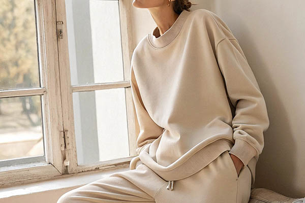 Woman in a beige oversized sweatshirt and sweatpants sitting by a window in natural light.
