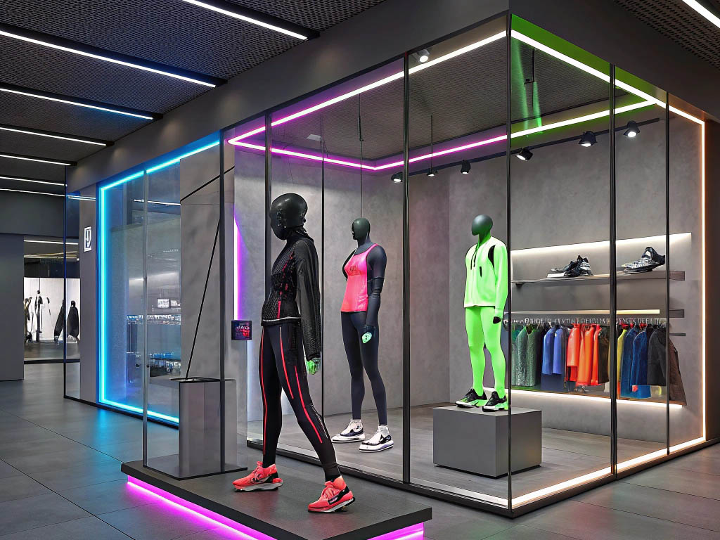 Sports apparel store with neon lighting, mannequins, and stylish workout outfits.