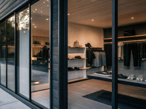Stylish boutique with minimalist interior, displaying luxury clothing, shoes, and accessories through glass windows.