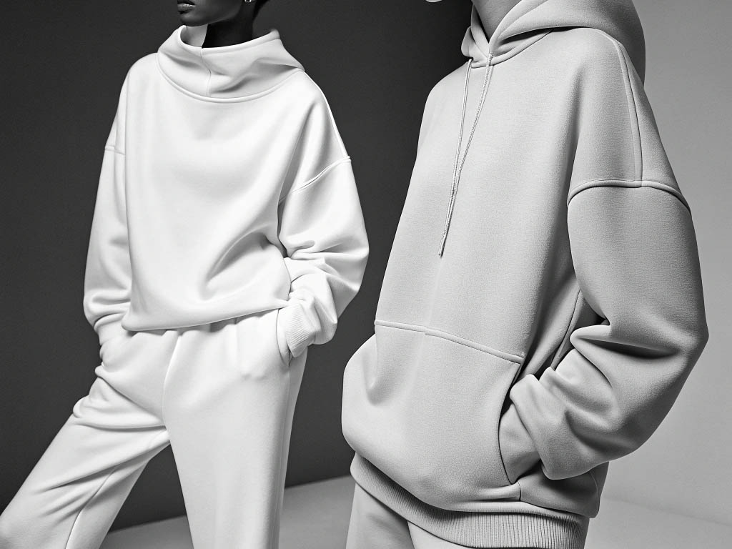 Two models wearing stylish oversized white hoodies with a sleek, minimalist design in a monochrome setting.