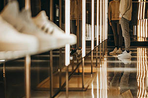 Stylish sneaker store with illuminated mirrors, white shoes on display, and customers browsing.