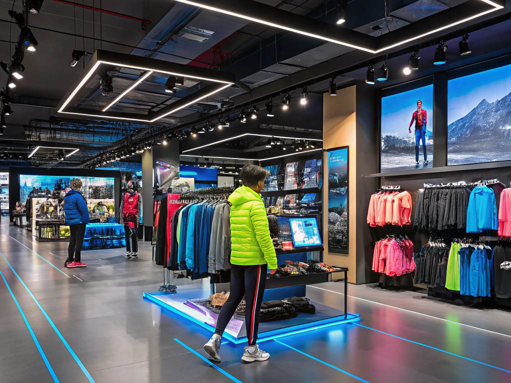 Shoppers browsing a high-tech sportswear store with bright lighting, outdoor gear, and athletic apparel displays.