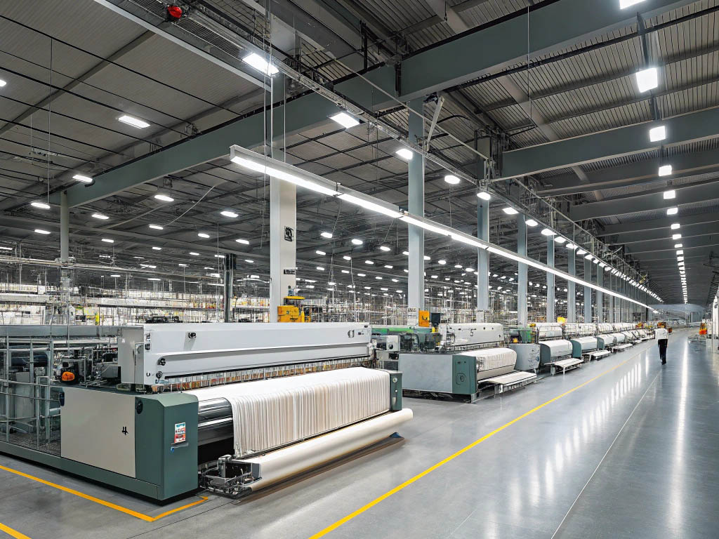 Large textile manufacturing facility with automated weaving machines producing fabric under bright lighting.