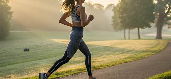 Woman in athletic wear jogging on a park trail during sunrise.