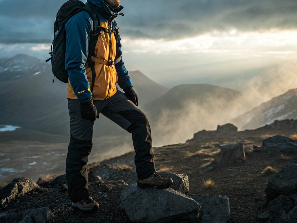 A hiker wearing outdoor gear and a backpack stands on a rocky mountain peak at sunrise.