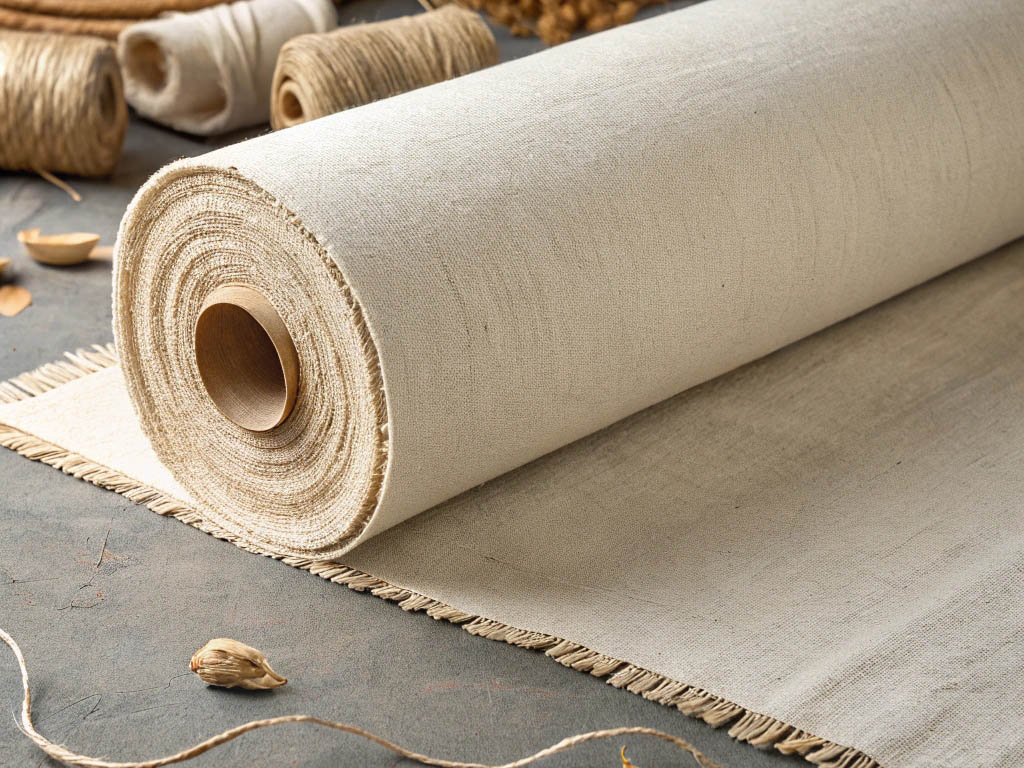 A rolled-up piece of beige linen fabric with frayed edges, surrounded by twine and natural fibers.