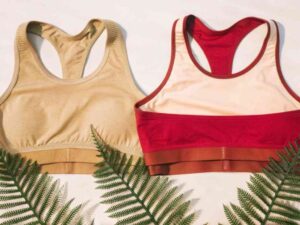 Beige and red sports bras with ferns