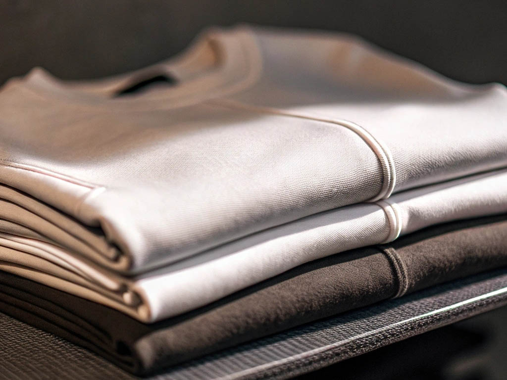 Close-up of neatly folded sweatshirts in white and dark brown, stacked on a shelf with soft lighting.
