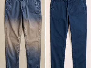 Side-by-side comparison of ombre-dyed and solid navy blue pants, featuring casual pocket design and slim fit style.
