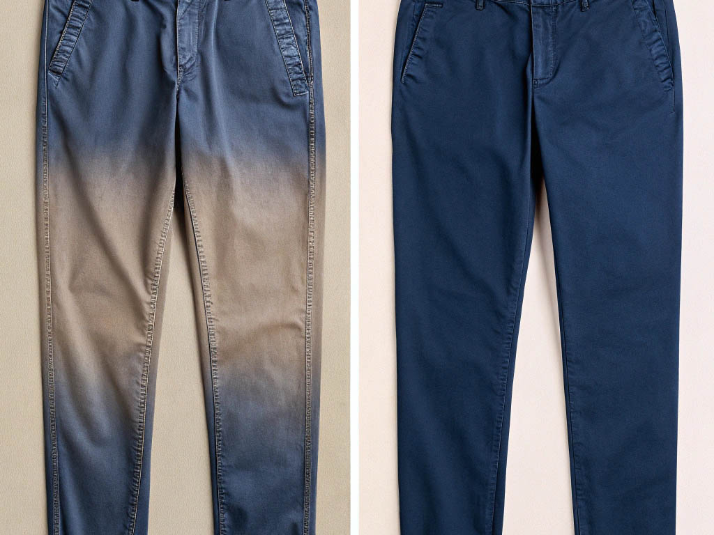 Side-by-side comparison of ombre-dyed and solid navy blue pants, featuring casual pocket design and slim fit style.