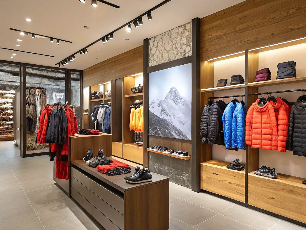 Stylish outdoor clothing store displaying winter jackets, boots, and accessories in a modern wooden interior.