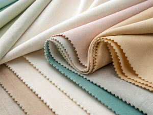 Neatly layered pastel-colored fabric swatches with zigzag edges in soft, neutral tones.