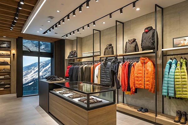 Modern outdoor clothing store displaying colorful winter jackets, boots, and accessories with a mountain backdrop.