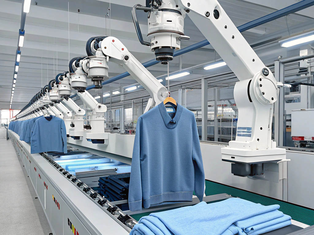 Automated robotic arms assembling and handling blue sweaters in a high-tech textile factory.