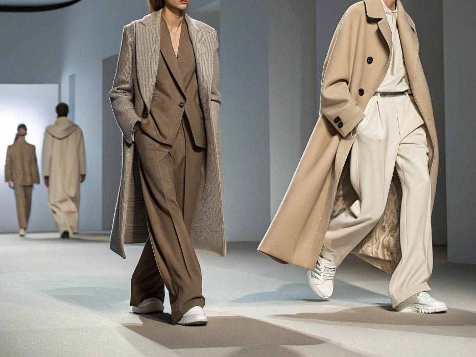 Models walking down the runway wearing elegant beige and brown oversized coats, tailored suits, and white sneakers in a minimalist fashion show setting.
